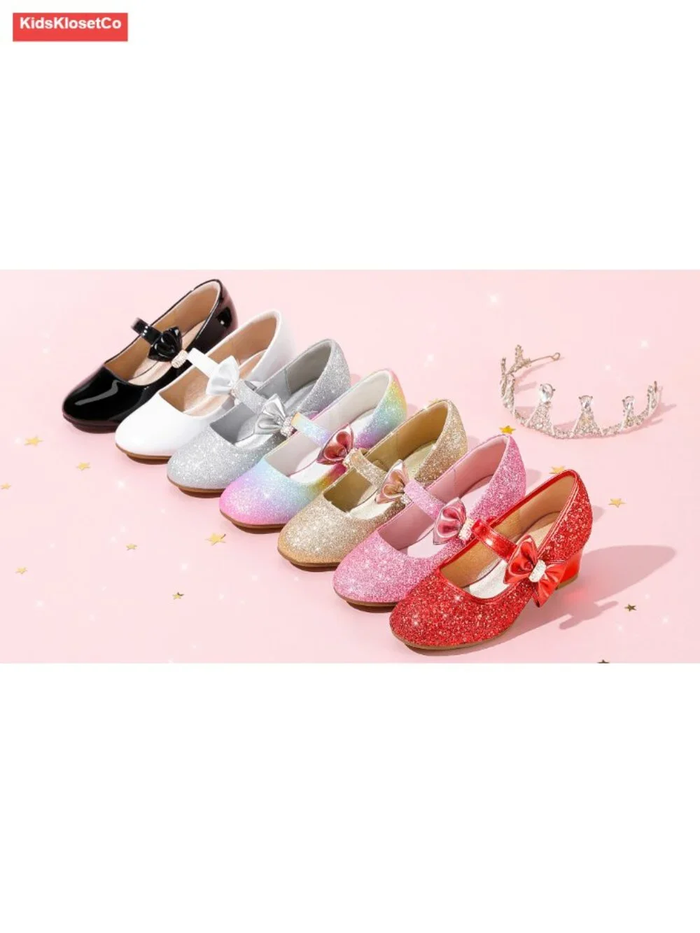 Girls Mary Jane Heels with Bow Sparkly Dress Shoes for Wedding Party